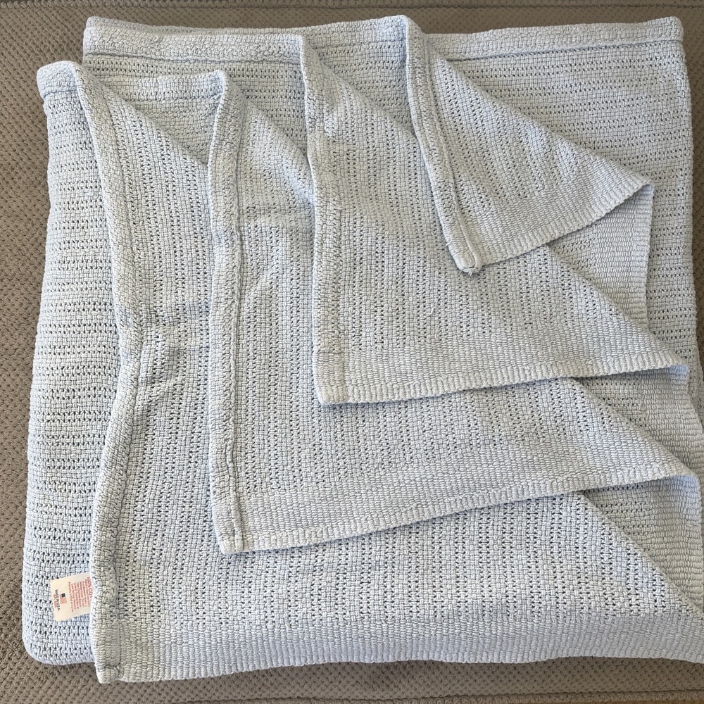 VTG Tennessee Woolen Mills 100% Cotton Blue Blanket 90x90" USA Waffle Weave - Picture 1 of 8